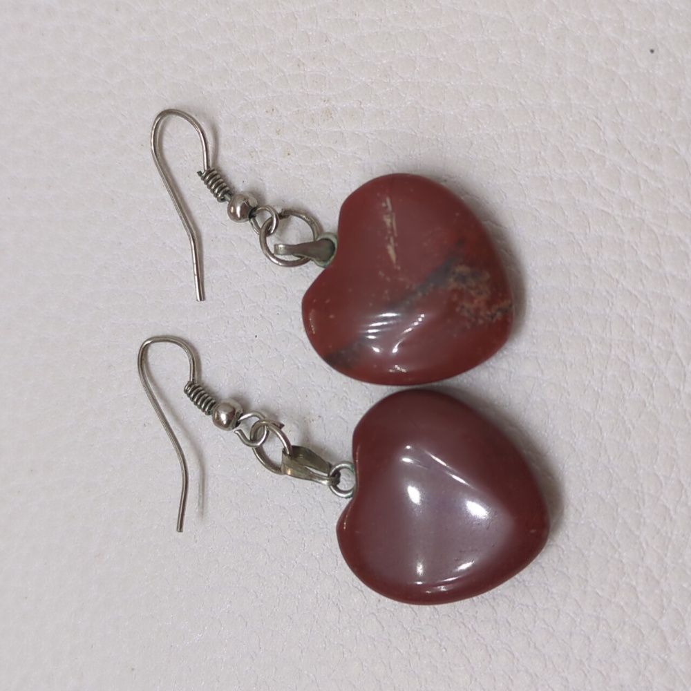 Warm Dark Red Heart Stone Dangle Earrings